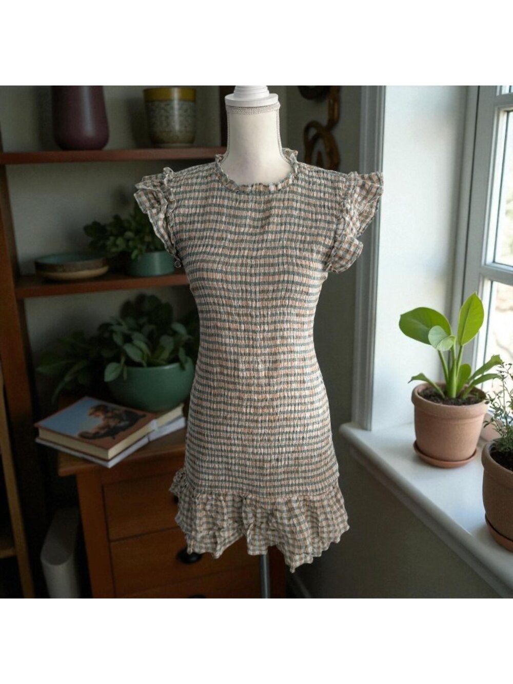 VERONICA BEARD Plaid Smocked Ruffle Trim Dress Size US 6